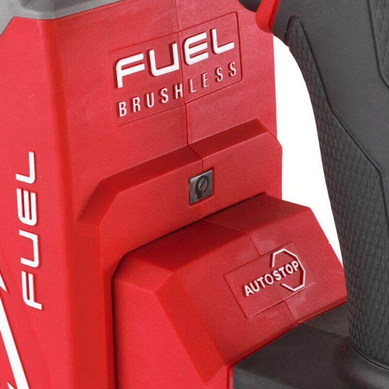 Close-up of MILWAUKEE® M18 tool showing brushless motor logo and auto-stop logo on the body Close-up of MILWAUKEE® M18 tool showing brushless motor logo and auto-stop logo on the body